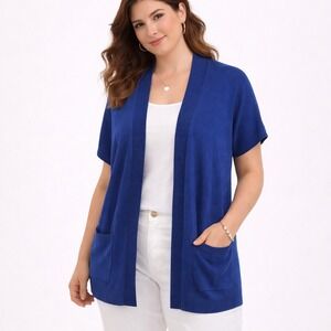 Chico's Royal Blue Open Front Cardigan Size 0 S Short Sleeve Pocket Knit Sweater
